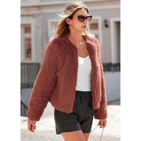 〽️Women's Rust Red PRETTYGARDEN Winter Cropped Faux Fur Warm Outerwear Jacket - Picture 3 of 8